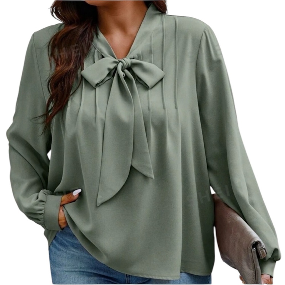SHEIN Privé Plus Size Women's Tie Neckline Blouse Olive Green 4XL